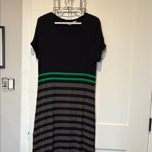 Black Blue and Gray Striped Maxi Dress with Green Accent. B16